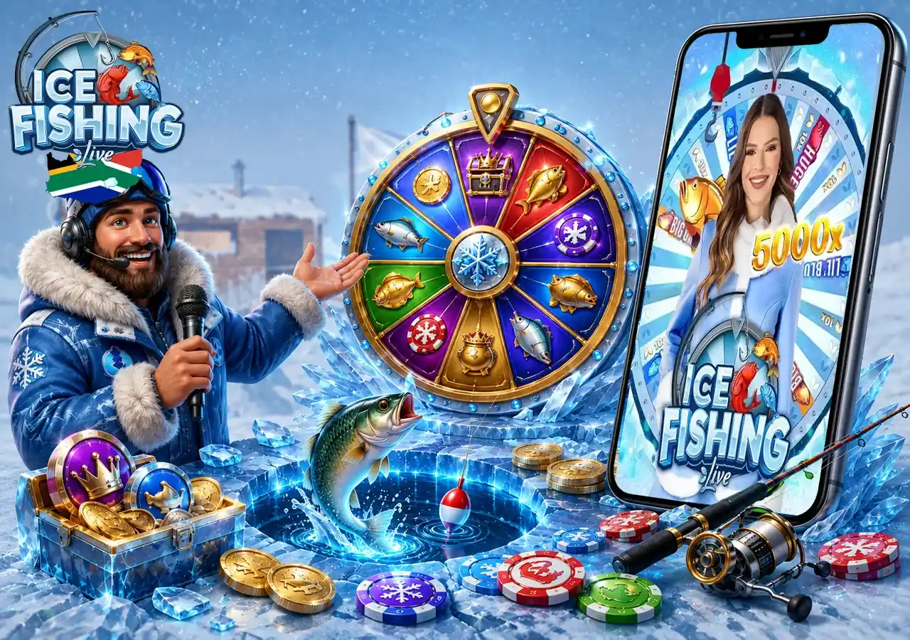 Live money wheel game explained through an Arctic setting and fishing bonus action