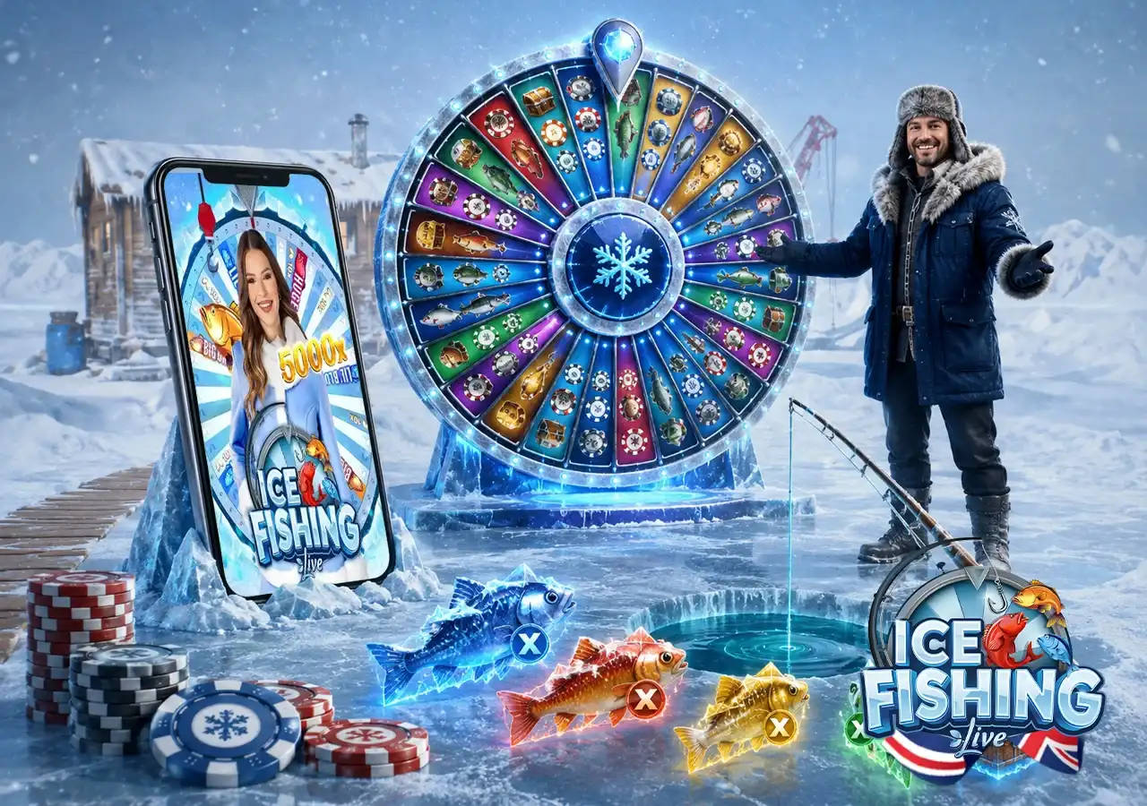 Live money wheel game explained through an Arctic setting and fishing bonus action
